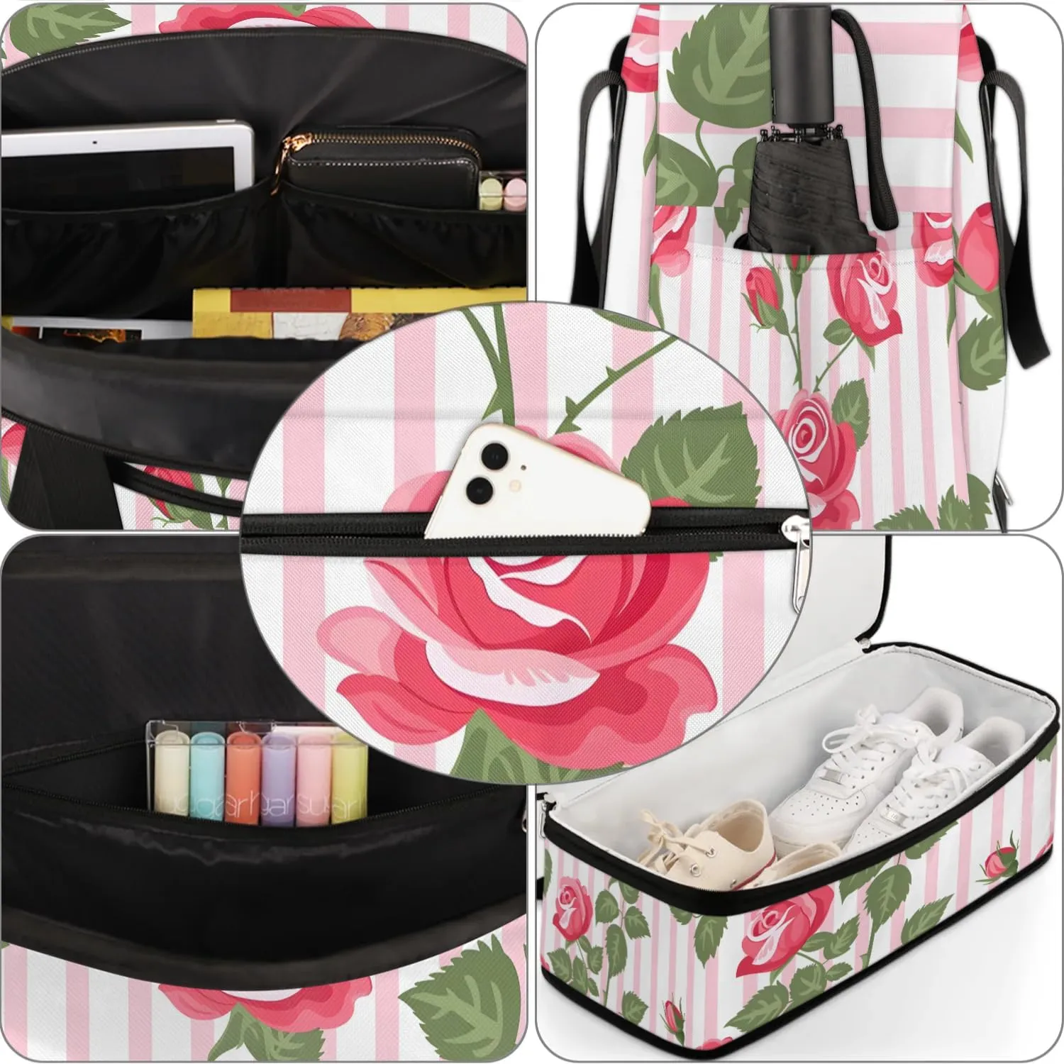 Graceful Rose Pattern Flower Travel Duffle Bag, Collapsible Travel Bag Sports Gym Bag With Shoes Compartment Weekender Bag Overnight Bag For Women Men