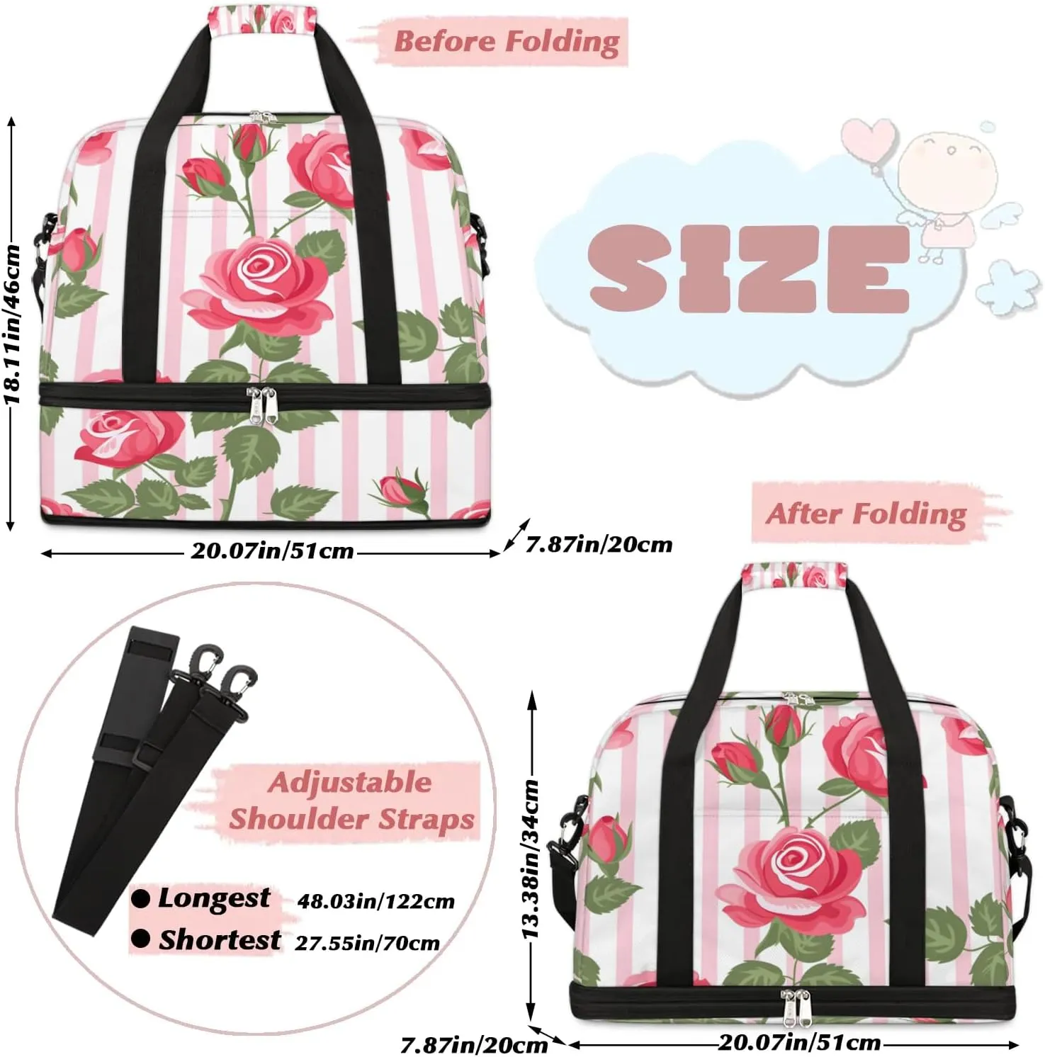 Graceful Rose Pattern Flower Travel Duffle Bag, Collapsible Travel Bag Sports Gym Bag With Shoes Compartment Weekender Bag Overnight Bag For Women Men