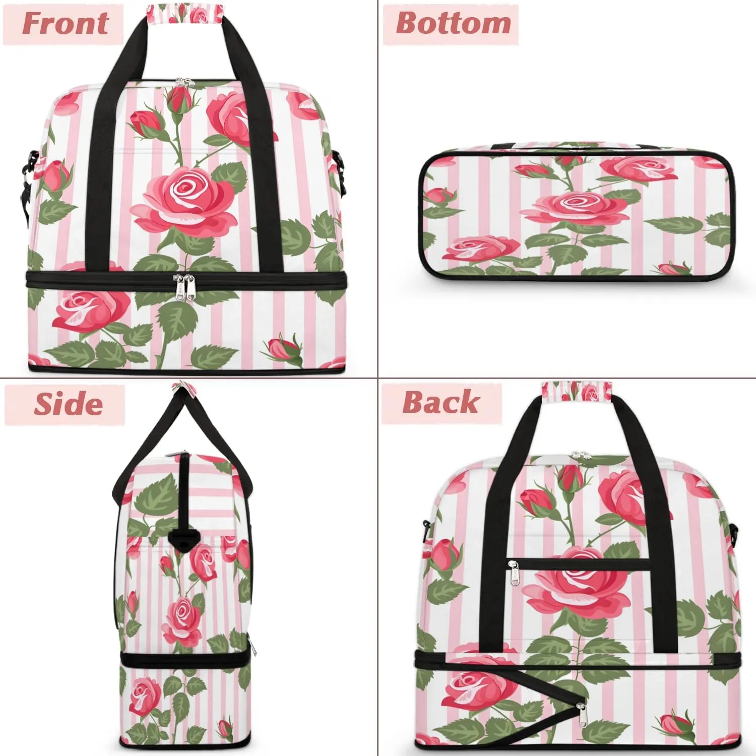 Graceful Rose Pattern Flower Travel Duffle Bag, Collapsible Travel Bag Sports Gym Bag With Shoes Compartment Weekender Bag Overnight Bag For Women Men