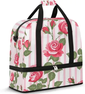 Graceful Rose Pattern Flower Travel Duffle Bag, Collapsible Travel Bag Sports Gym Bag With Shoes Compartment Weekender Bag Overnight Bag For Women Men