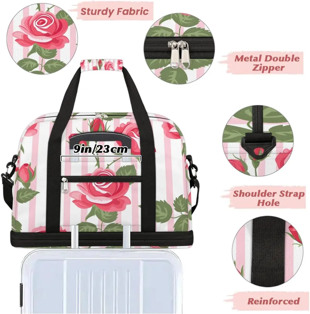 Graceful Rose Pattern Flower Travel Duffle Bag, Collapsible Travel Bag Sports Gym Bag With Shoes Compartment Weekender Bag Overnight Bag For Women Men