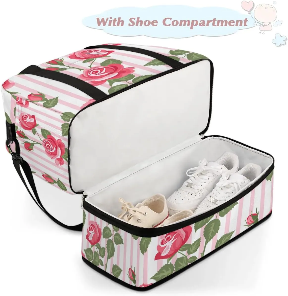 Graceful Rose Pattern Flower Travel Duffle Bag, Collapsible Travel Bag Sports Gym Bag With Shoes Compartment Weekender Bag Overnight Bag For Women Men