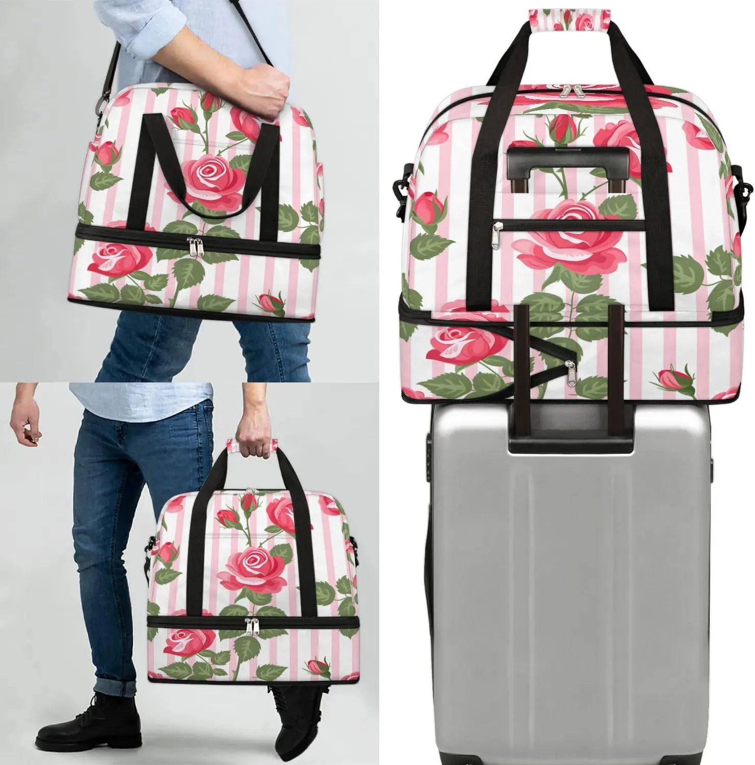 Graceful Rose Pattern Flower Travel Duffle Bag, Collapsible Travel Bag Sports Gym Bag With Shoes Compartment Weekender Bag Overnight Bag For Women Men