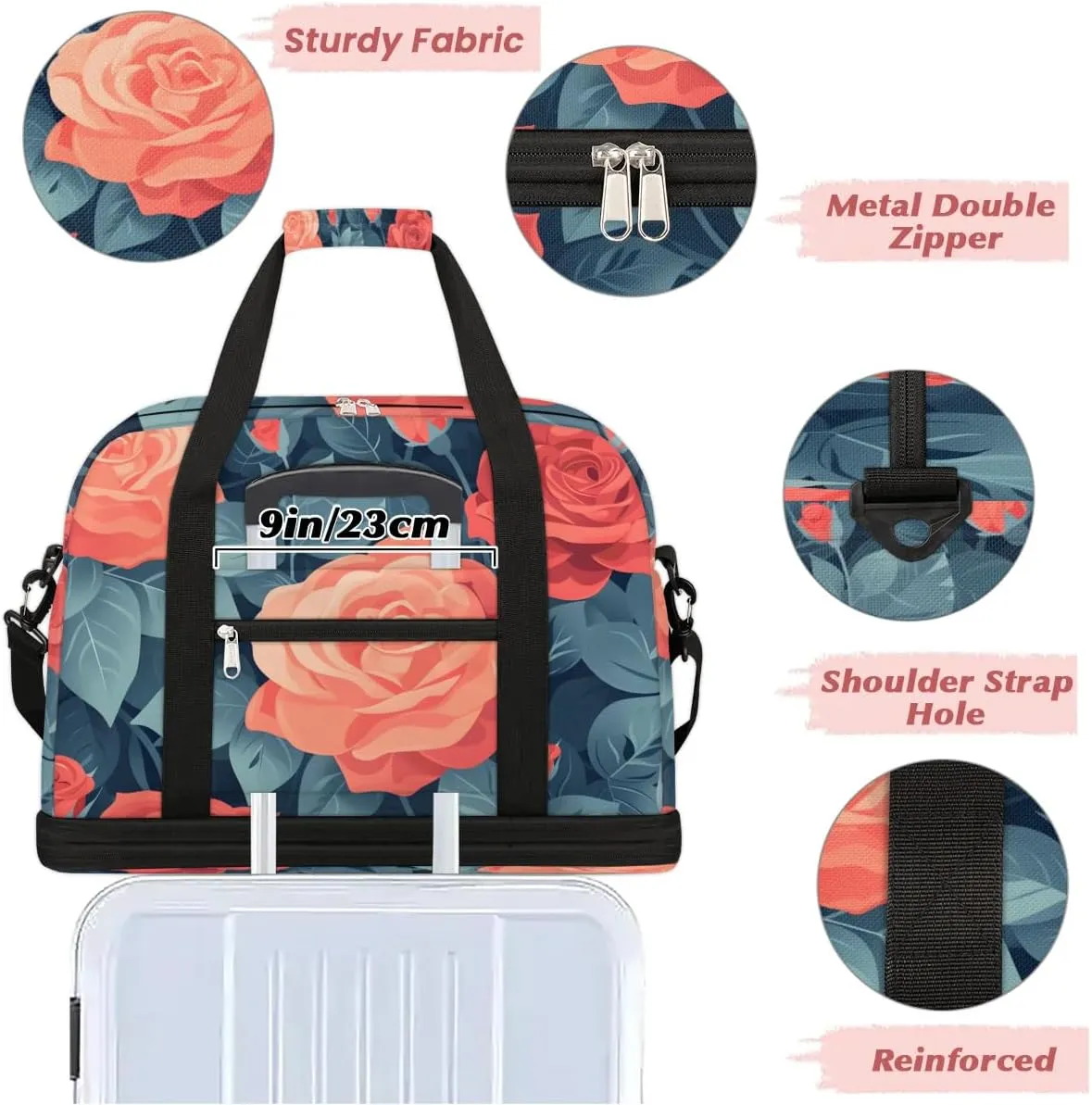 Graceful Rose Patterns Flora Travel Duffle Bag, Collapsible Travel Bag Sports Gym Bag With Shoes Compartment Weekender Bag Overnight Bag For Women Men
