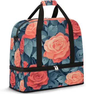 Graceful Rose Patterns Flora Travel Duffle Bag, Collapsible Travel Bag Sports Gym Bag With Shoes Compartment Weekender Bag Overnight Bag For Women Men