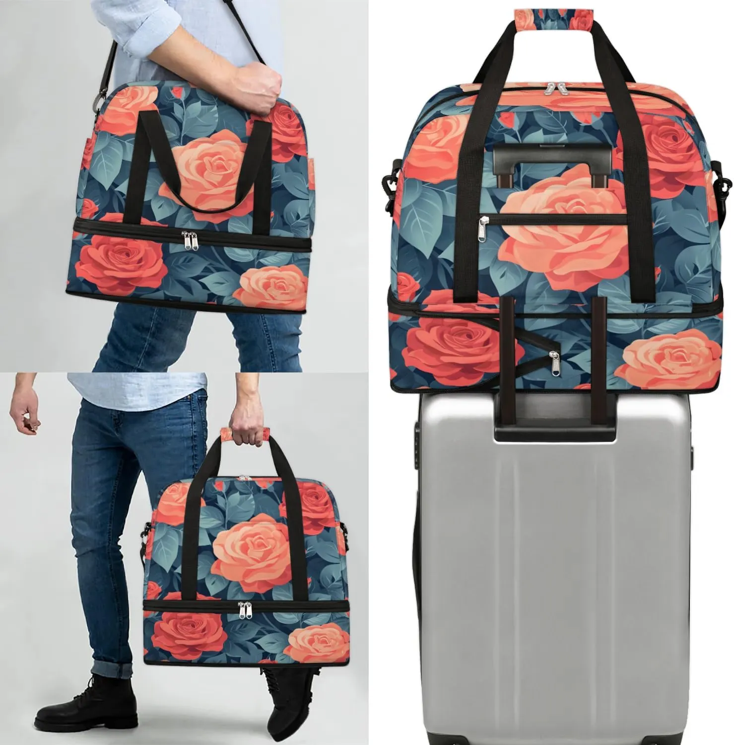 Graceful Rose Patterns Flora Travel Duffle Bag, Collapsible Travel Bag Sports Gym Bag With Shoes Compartment Weekender Bag Overnight Bag For Women Men