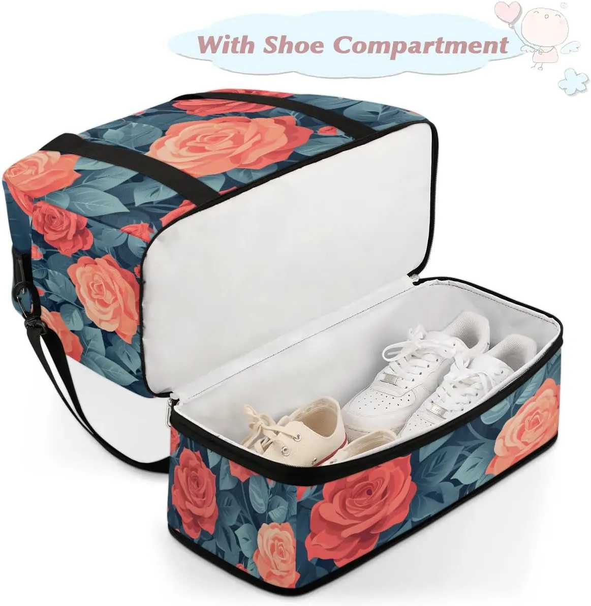 Graceful Rose Patterns Flora Travel Duffle Bag, Collapsible Travel Bag Sports Gym Bag With Shoes Compartment Weekender Bag Overnight Bag For Women Men
