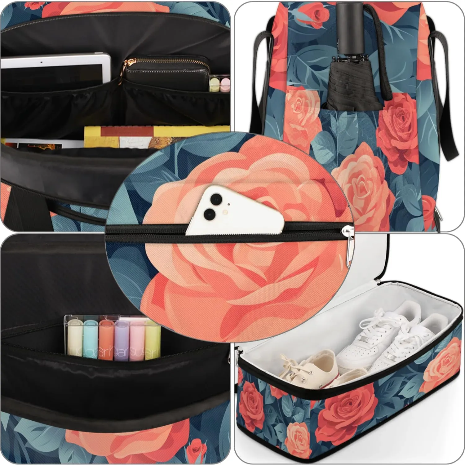 Graceful Rose Patterns Flora Travel Duffle Bag, Collapsible Travel Bag Sports Gym Bag With Shoes Compartment Weekender Bag Overnight Bag For Women Men