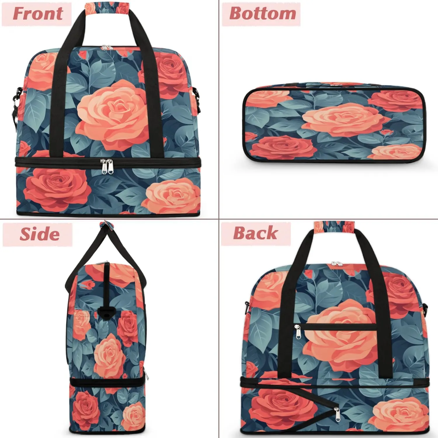 Graceful Rose Patterns Flora Travel Duffle Bag, Collapsible Travel Bag Sports Gym Bag With Shoes Compartment Weekender Bag Overnight Bag For Women Men