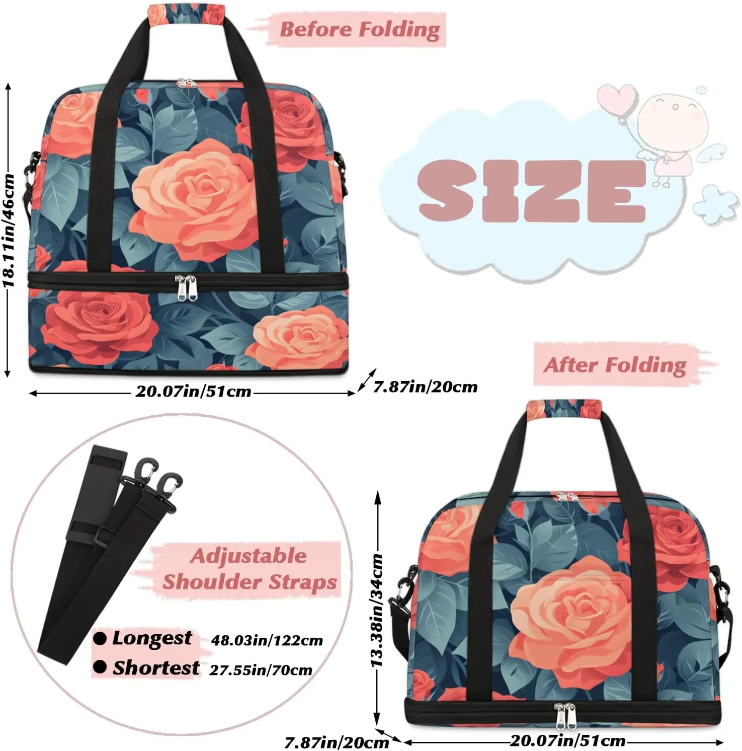 Graceful Rose Patterns Flora Travel Duffle Bag, Collapsible Travel Bag Sports Gym Bag With Shoes Compartment Weekender Bag Overnight Bag For Women Men