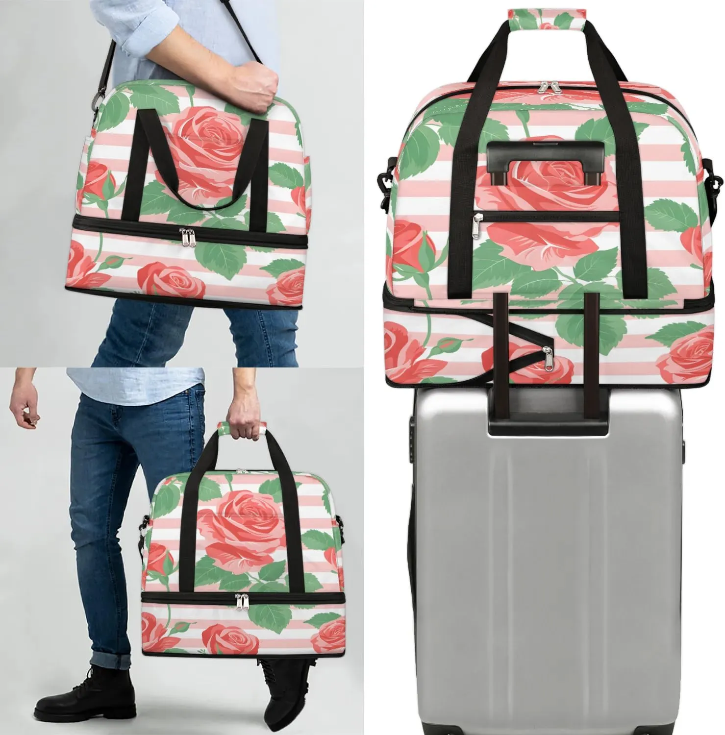 Graceful Rose Print Flower Travel Duffle Bag, Collapsible Travel Bag Sports Gym Bag With Shoes Compartment Weekender Bag Overnight Bag For Women Men