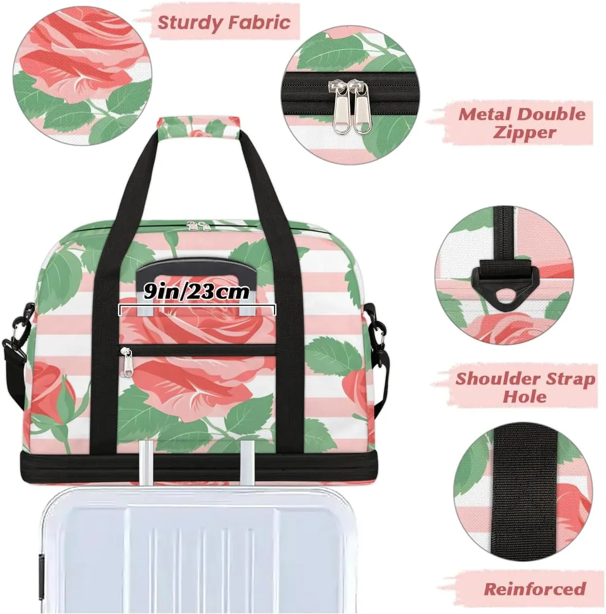 Graceful Rose Print Flower Travel Duffle Bag, Collapsible Travel Bag Sports Gym Bag With Shoes Compartment Weekender Bag Overnight Bag For Women Men
