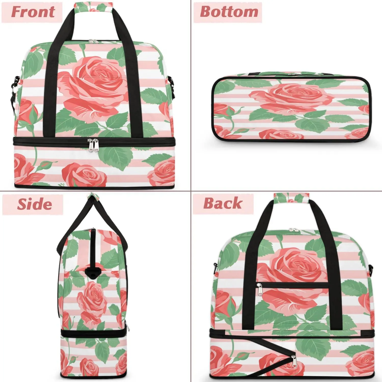 Graceful Rose Print Flower Travel Duffle Bag, Collapsible Travel Bag Sports Gym Bag With Shoes Compartment Weekender Bag Overnight Bag For Women Men