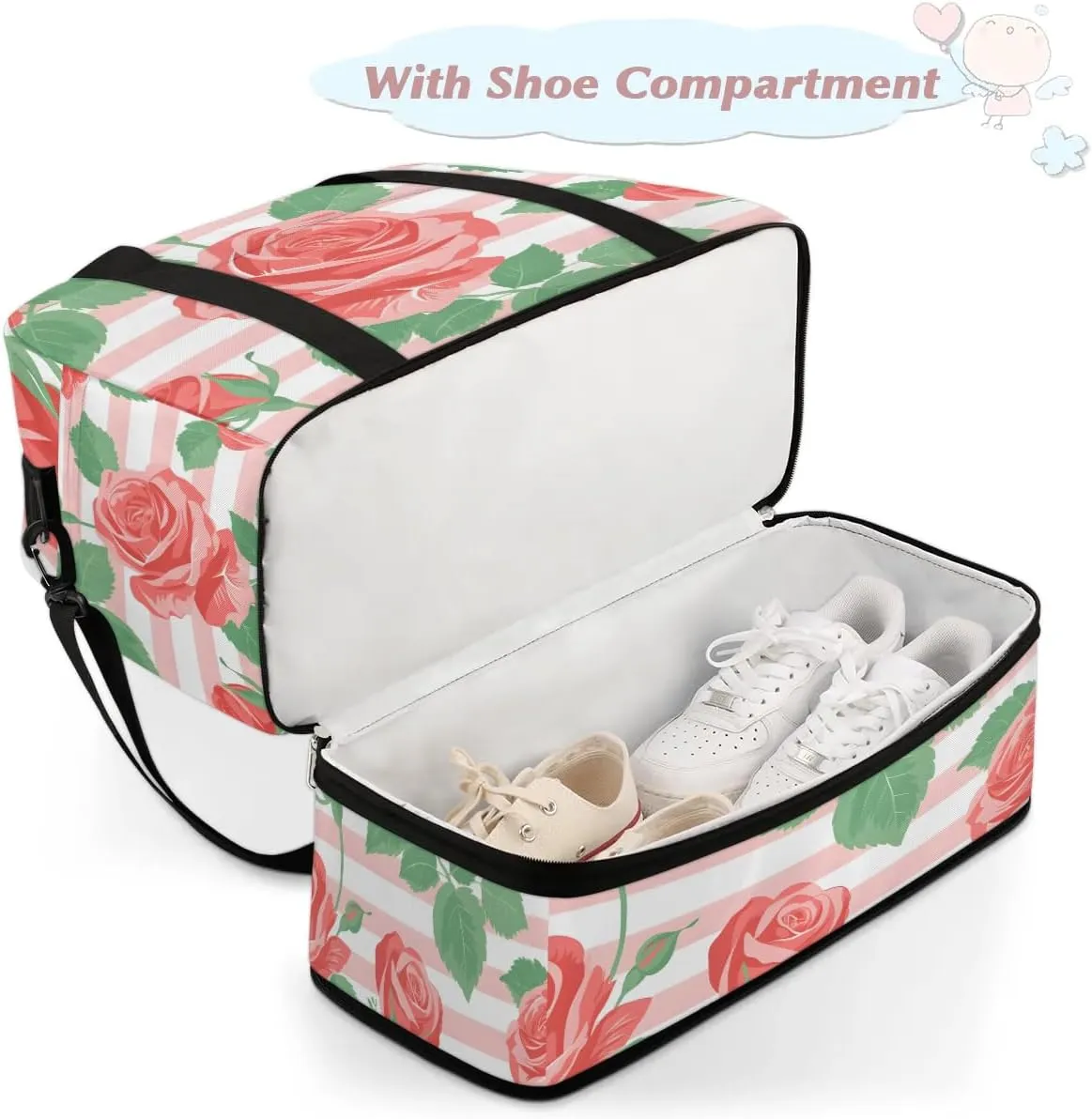 Graceful Rose Print Flower Travel Duffle Bag, Collapsible Travel Bag Sports Gym Bag With Shoes Compartment Weekender Bag Overnight Bag For Women Men