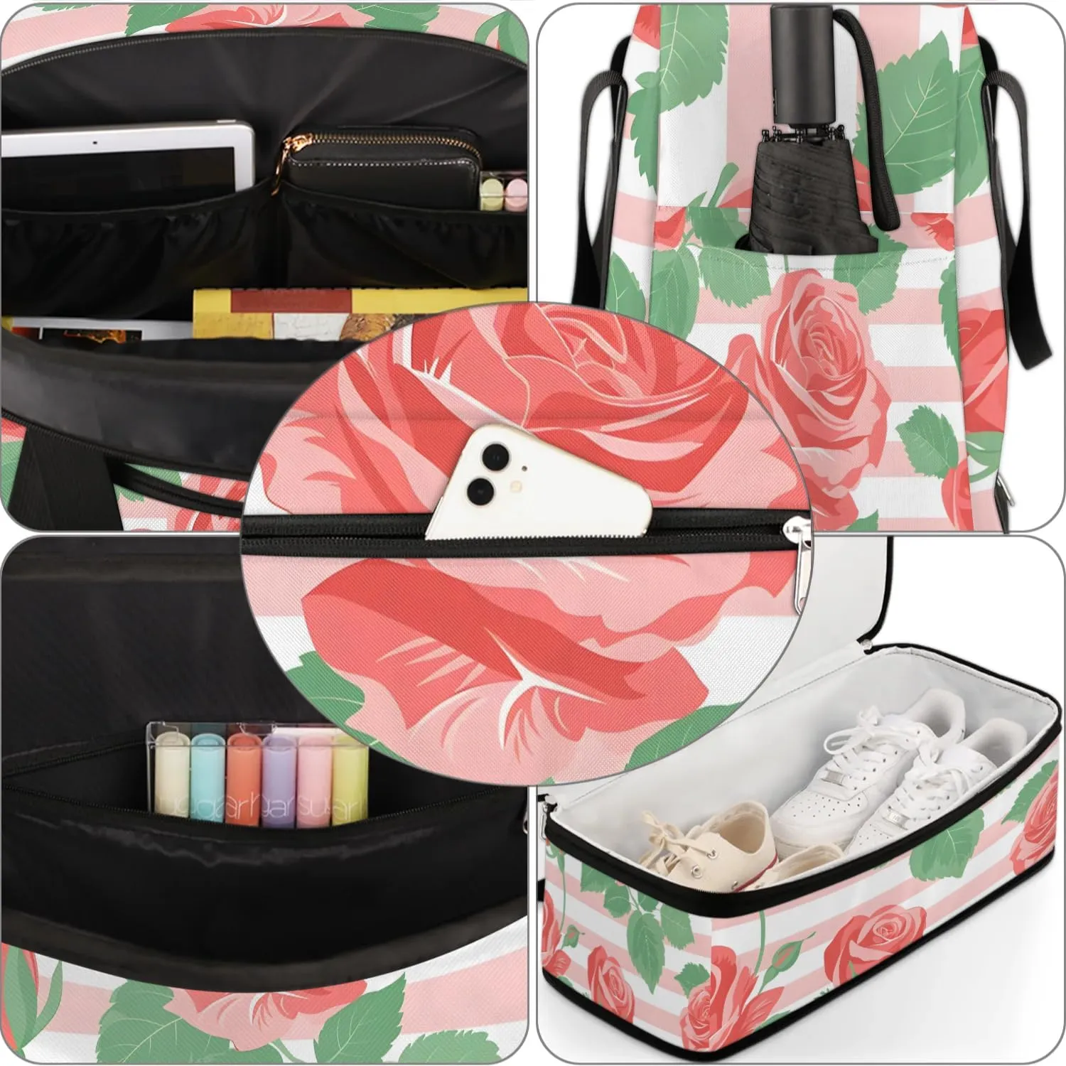 Graceful Rose Print Flower Travel Duffle Bag, Collapsible Travel Bag Sports Gym Bag With Shoes Compartment Weekender Bag Overnight Bag For Women Men