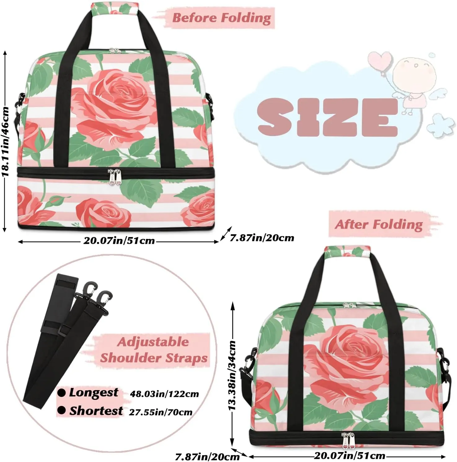 Graceful Rose Print Flower Travel Duffle Bag, Collapsible Travel Bag Sports Gym Bag With Shoes Compartment Weekender Bag Overnight Bag For Women Men