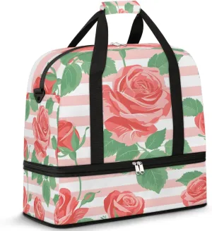 Graceful Rose Print Flower Travel Duffle Bag, Collapsible Travel Bag Sports Gym Bag With Shoes Compartment Weekender Bag Overnight Bag For Women Men