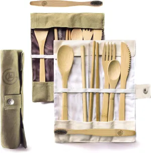 GREENZLA 2-Pack Bamboo Utensils Set - Bonus Pair of Bamboo Toothbrushes - Straw, Spoon, Fork, Knife, Teaspoon, Chopsticks, Brush & 2 Storage Bags - Reusable Cutlery Set