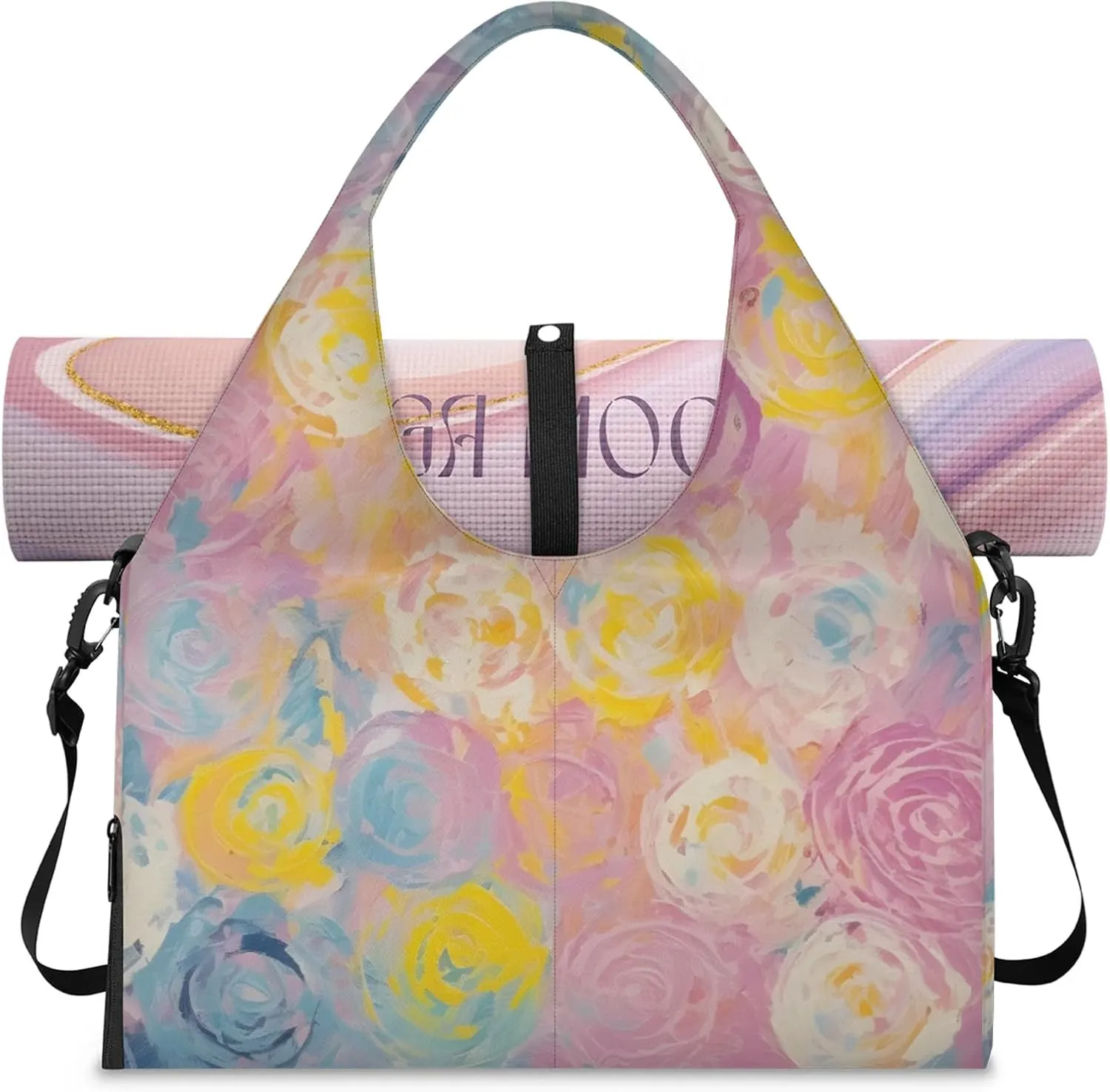 Gym Bag for Women Abstract Floral Flower Duffel Bag with Shoe Compartment and Yoga Mat Holder Portable Weekender Bags Travel Tote Bags