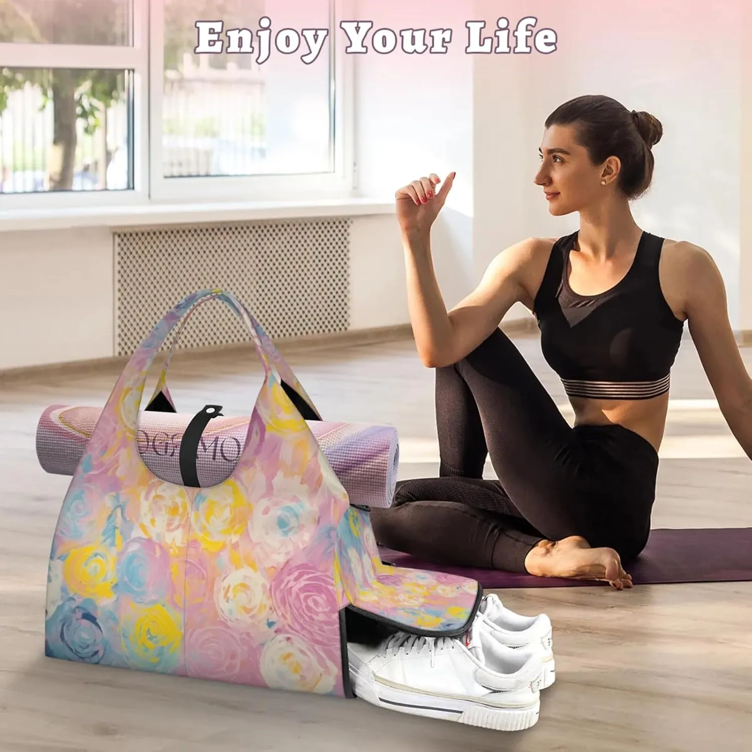 Gym Bag for Women Abstract Floral Flower Duffel Bag with Shoe Compartment and Yoga Mat Holder Portable Weekender Bags Travel Tote Bags