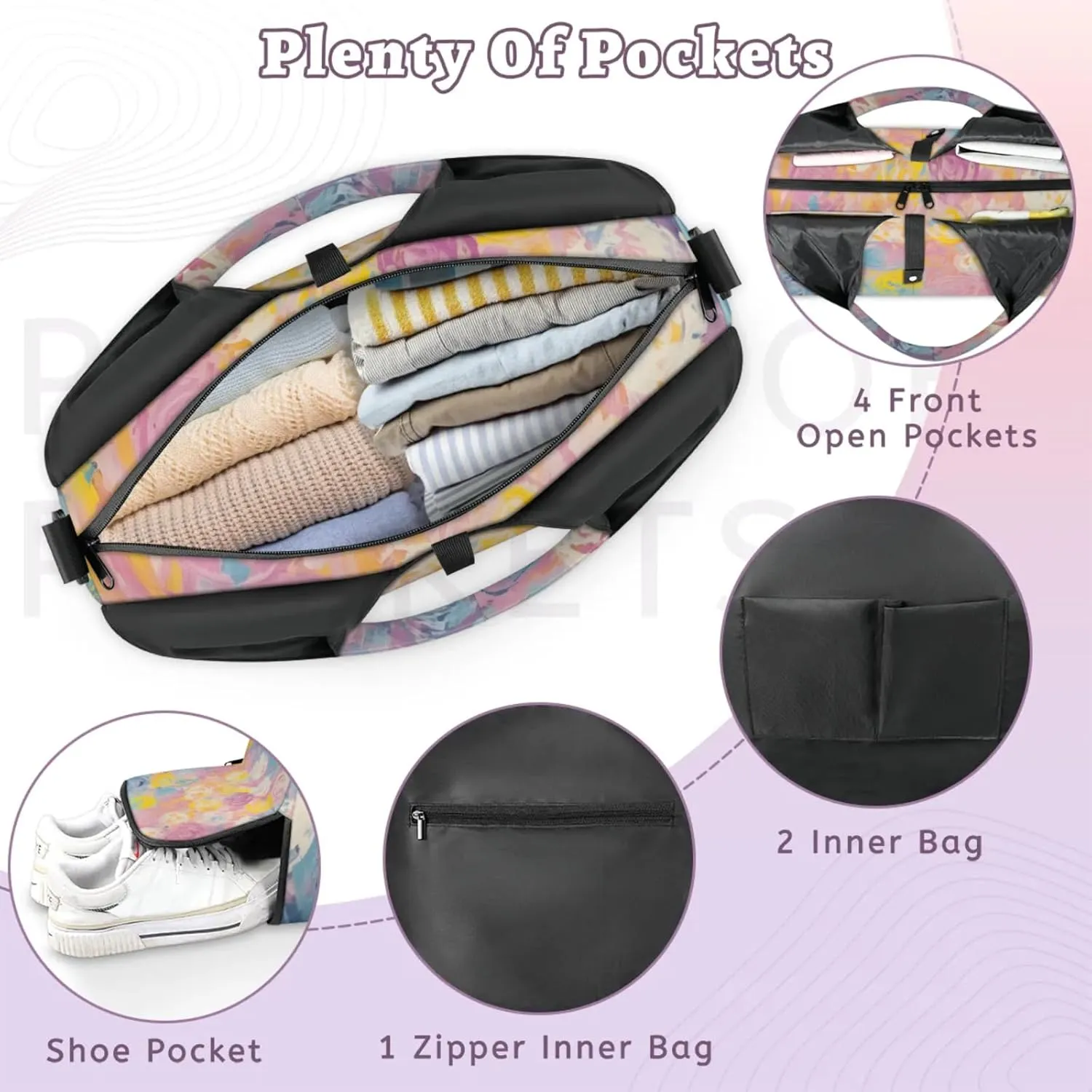 Gym Bag for Women Abstract Floral Flower Duffel Bag with Shoe Compartment and Yoga Mat Holder Portable Weekender Bags Travel Tote Bags