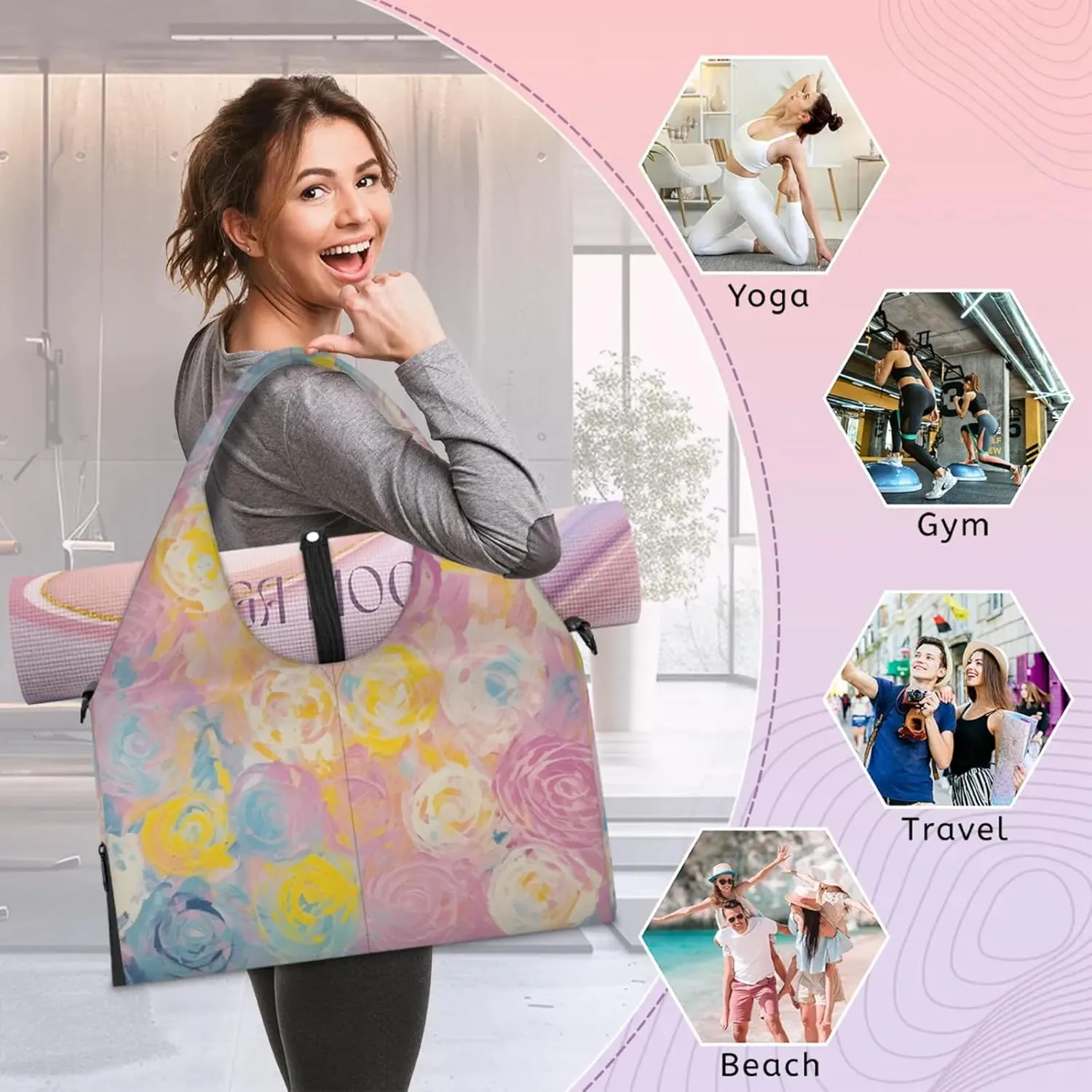Gym Bag for Women Abstract Floral Flower Duffel Bag with Shoe Compartment and Yoga Mat Holder Portable Weekender Bags Travel Tote Bags
