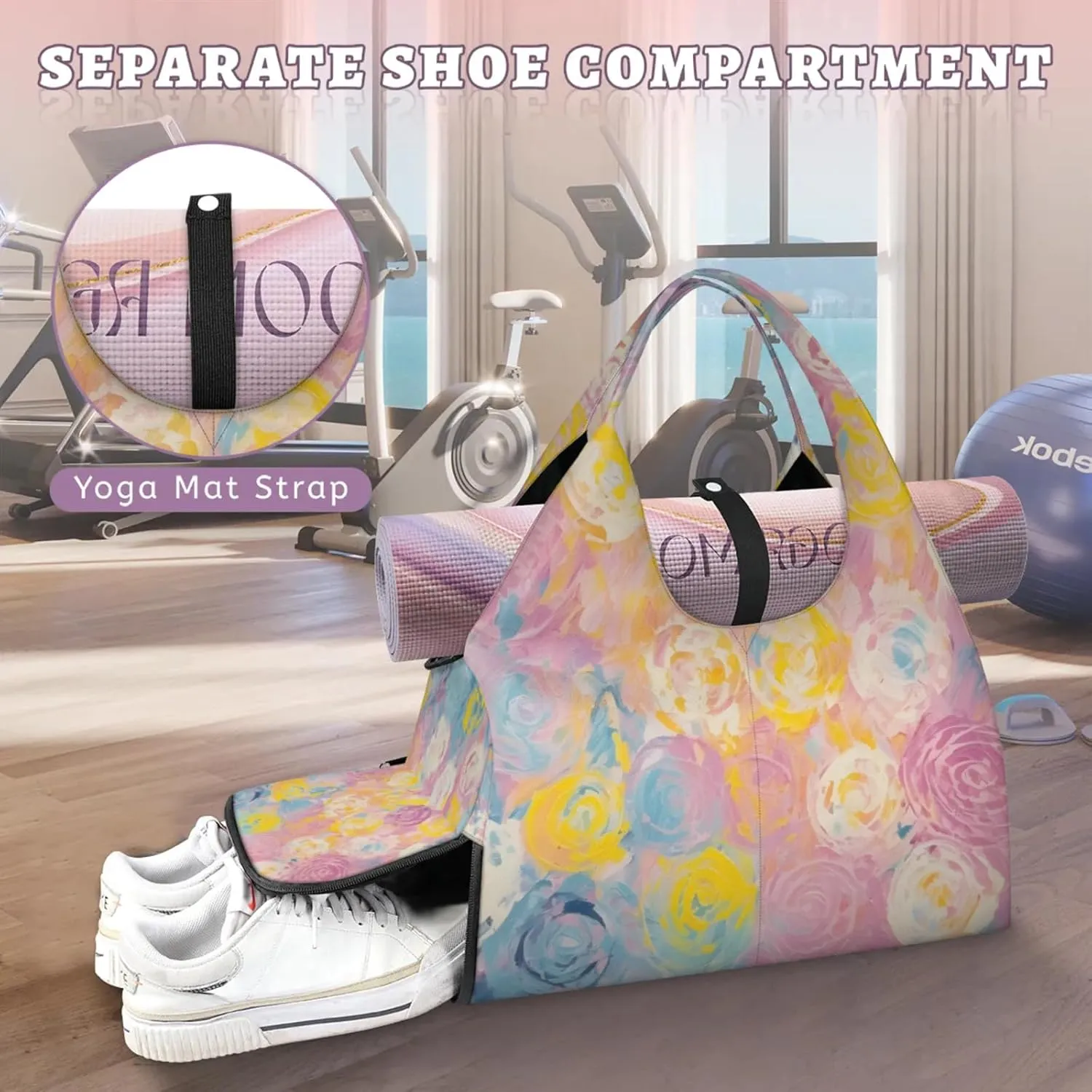 Gym Bag for Women Abstract Floral Flower Duffel Bag with Shoe Compartment and Yoga Mat Holder Portable Weekender Bags Travel Tote Bags