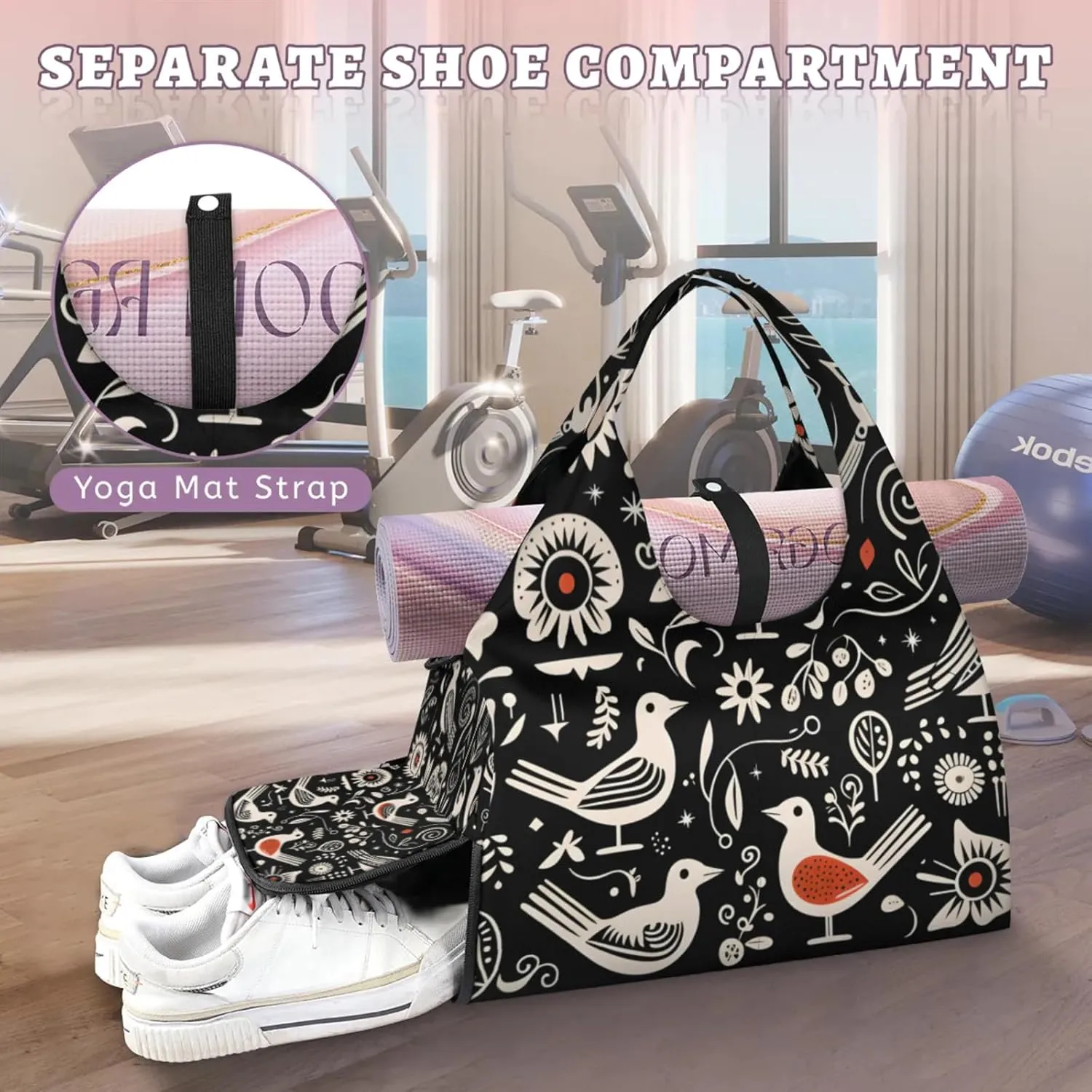 Gym Bag for Women Bird Flower Pattern Duffel Bag with Shoe Compartment and Yoga Mat Holder Portable Weekender Bags Travel Tote Bags