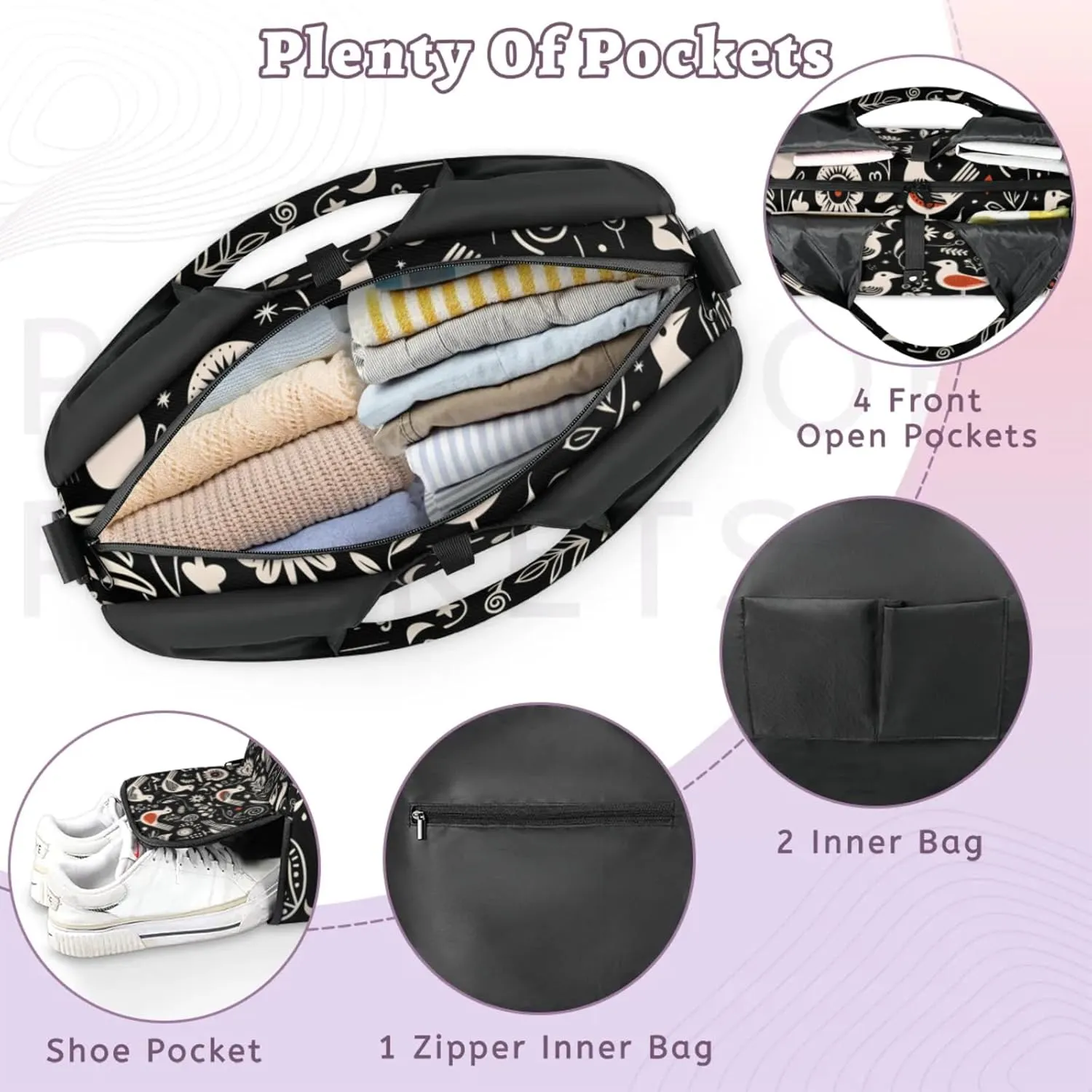 Gym Bag for Women Bird Flower Pattern Duffel Bag with Shoe Compartment and Yoga Mat Holder Portable Weekender Bags Travel Tote Bags