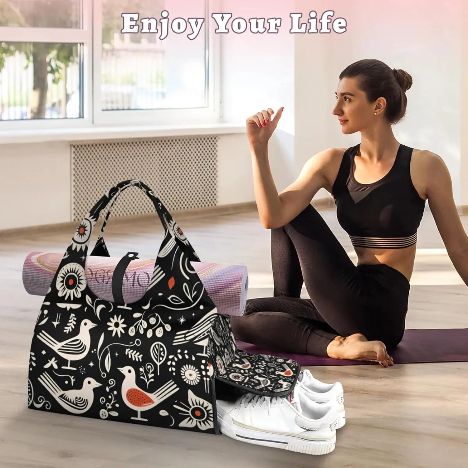 Gym Bag for Women Bird Flower Pattern Duffel Bag with Shoe Compartment and Yoga Mat Holder Portable Weekender Bags Travel Tote Bags