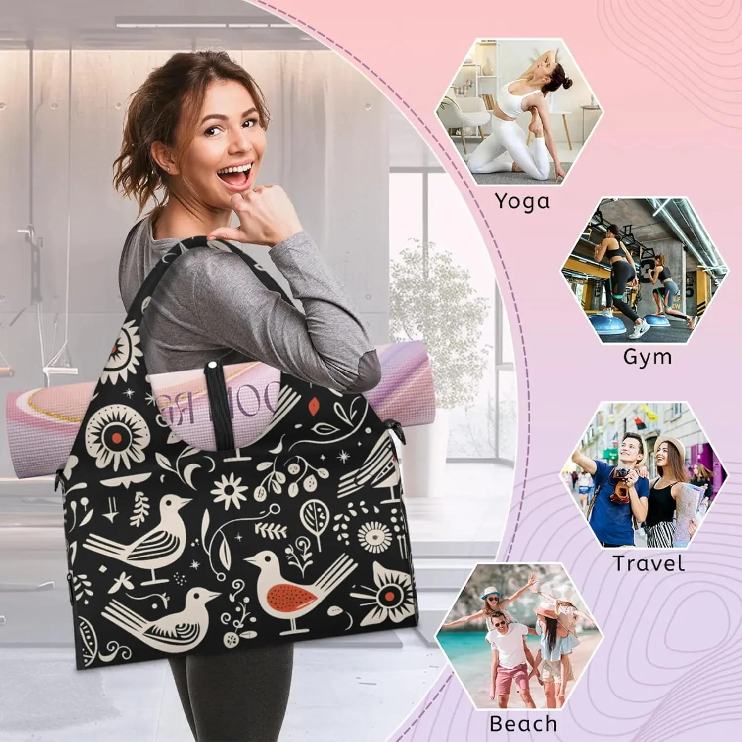 Gym Bag for Women Bird Flower Pattern Duffel Bag with Shoe Compartment and Yoga Mat Holder Portable Weekender Bags Travel Tote Bags