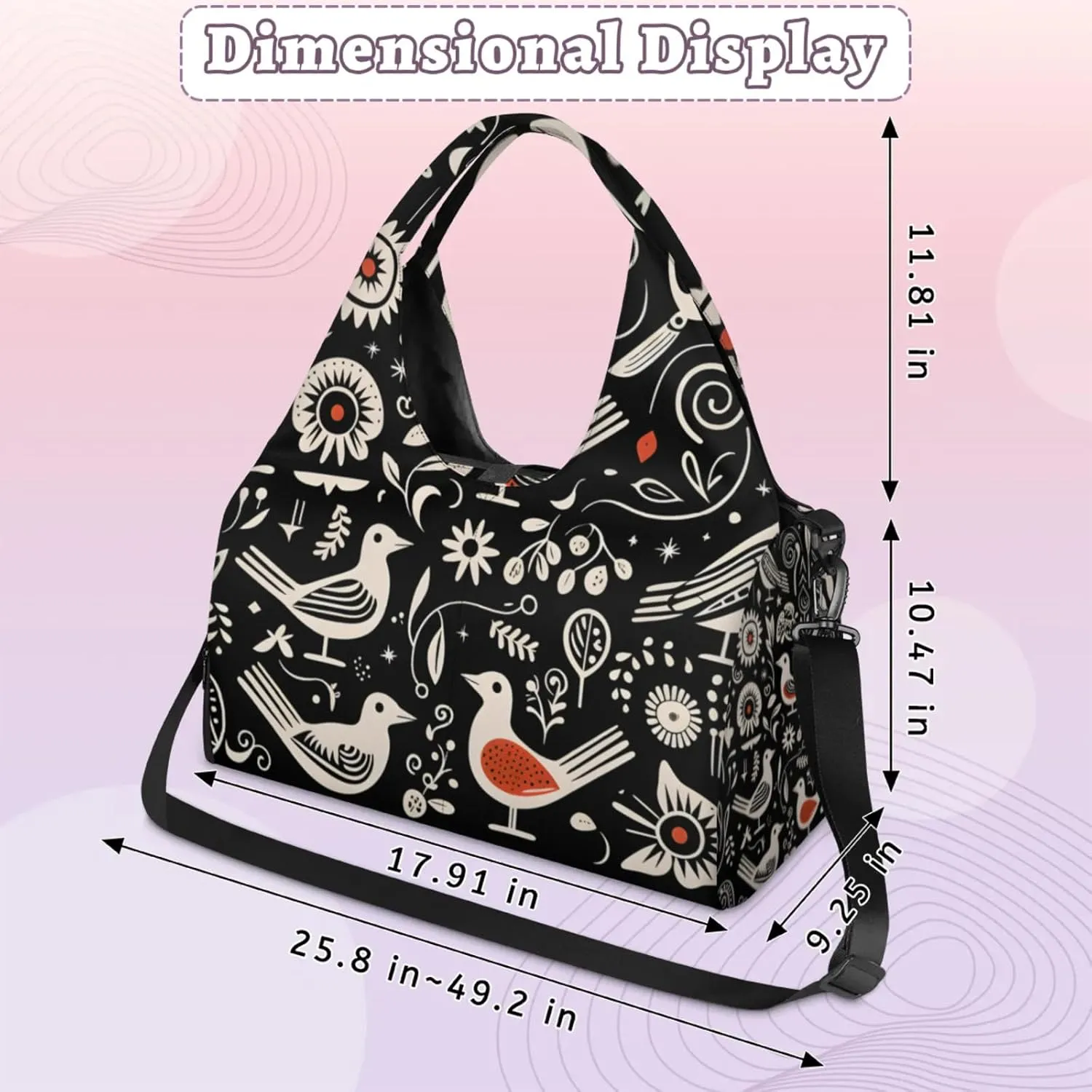Gym Bag for Women Bird Flower Pattern Duffel Bag with Shoe Compartment and Yoga Mat Holder Portable Weekender Bags Travel Tote Bags