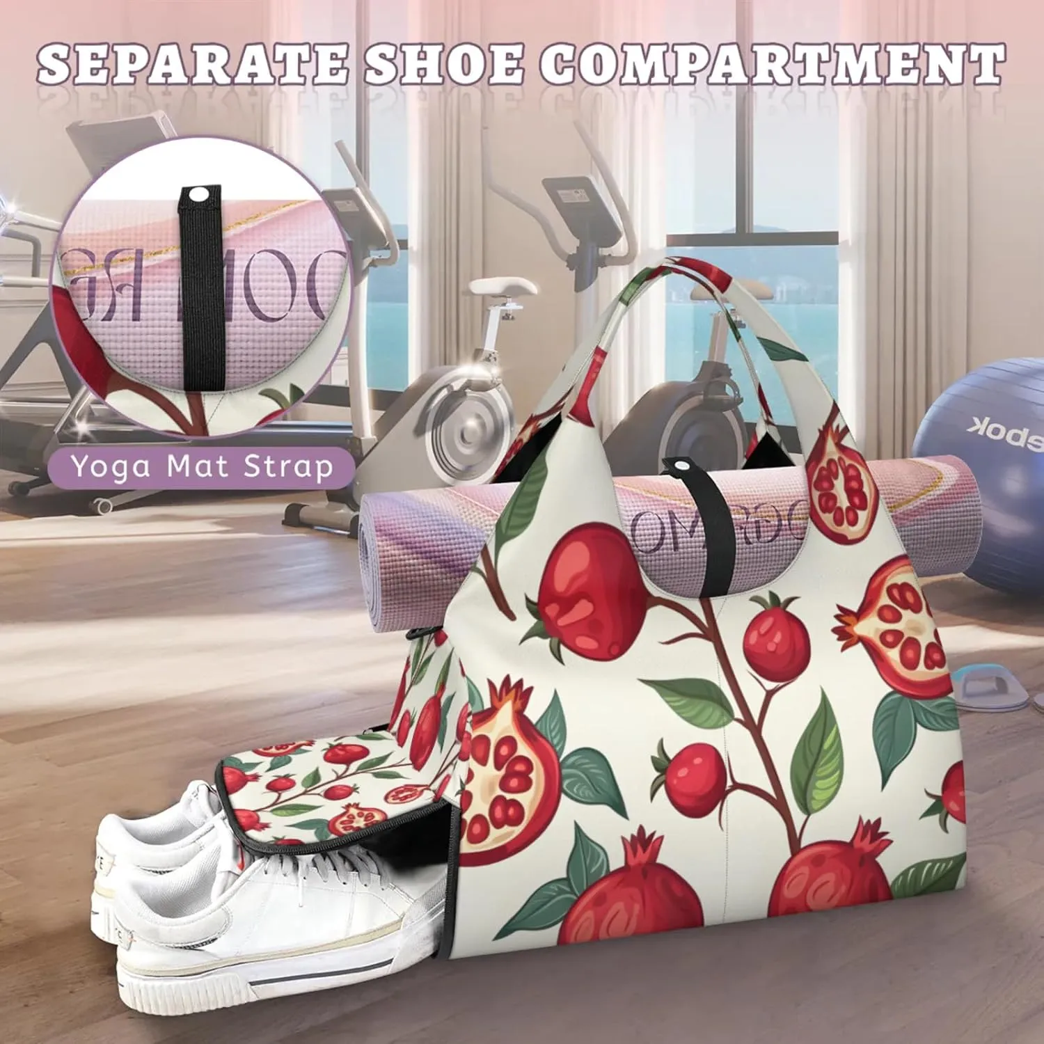 Gym Bag for Women Pomegranates Theme Duffel Bag with Shoe Compartment and Yoga Mat Holder Portable Weekender Bags Travel Tote Bags
