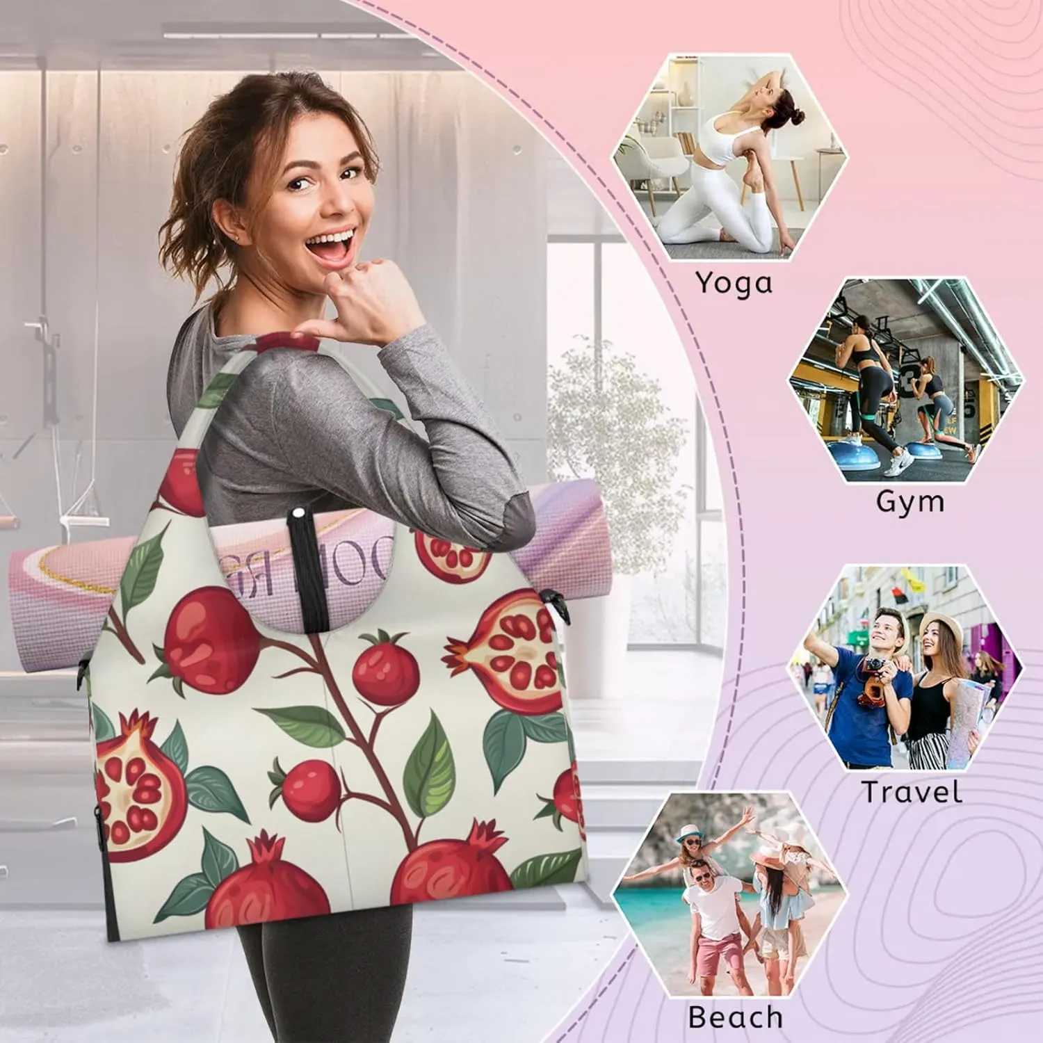 Gym Bag for Women Pomegranates Theme Duffel Bag with Shoe Compartment and Yoga Mat Holder Portable Weekender Bags Travel Tote Bags