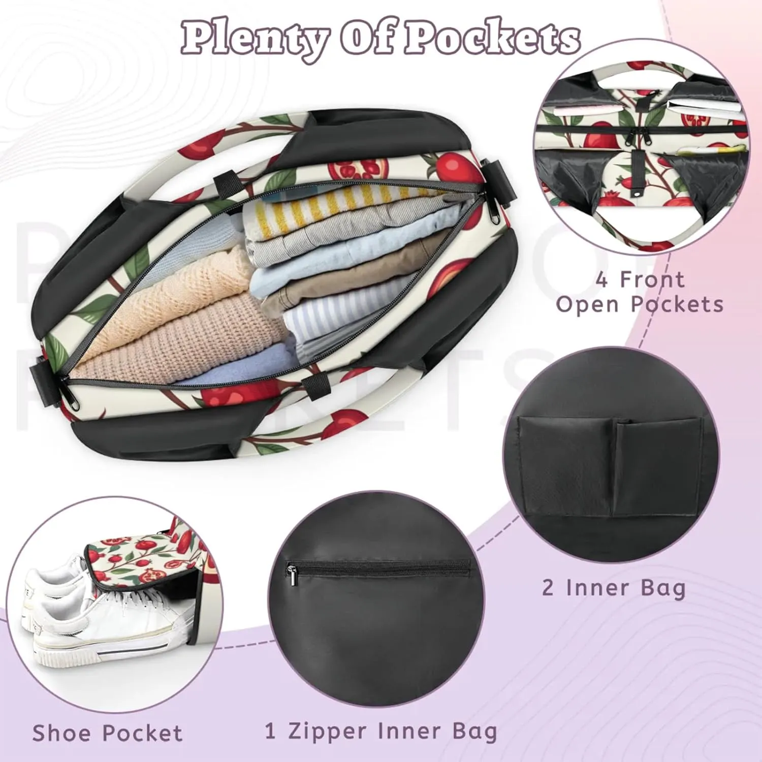 Gym Bag for Women Pomegranates Theme Duffel Bag with Shoe Compartment and Yoga Mat Holder Portable Weekender Bags Travel Tote Bags