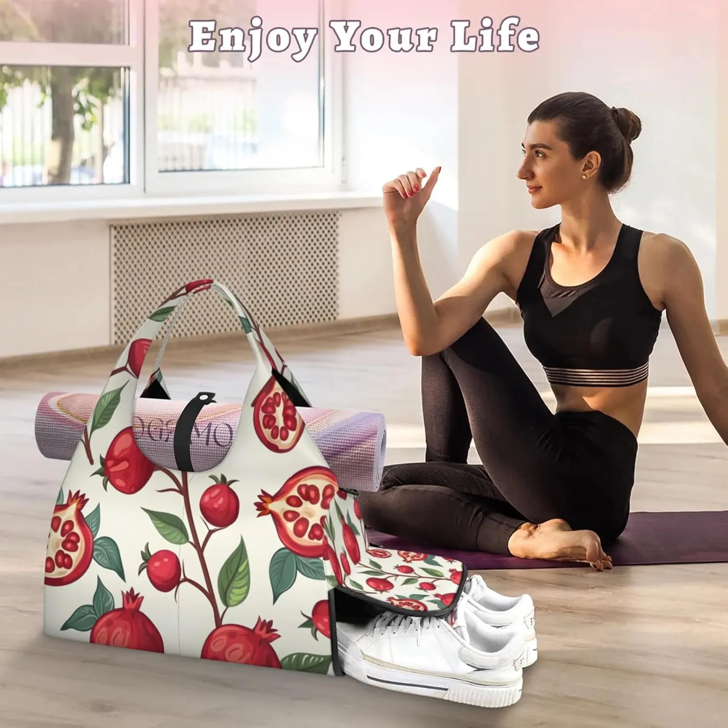 Gym Bag for Women Pomegranates Theme Duffel Bag with Shoe Compartment and Yoga Mat Holder Portable Weekender Bags Travel Tote Bags