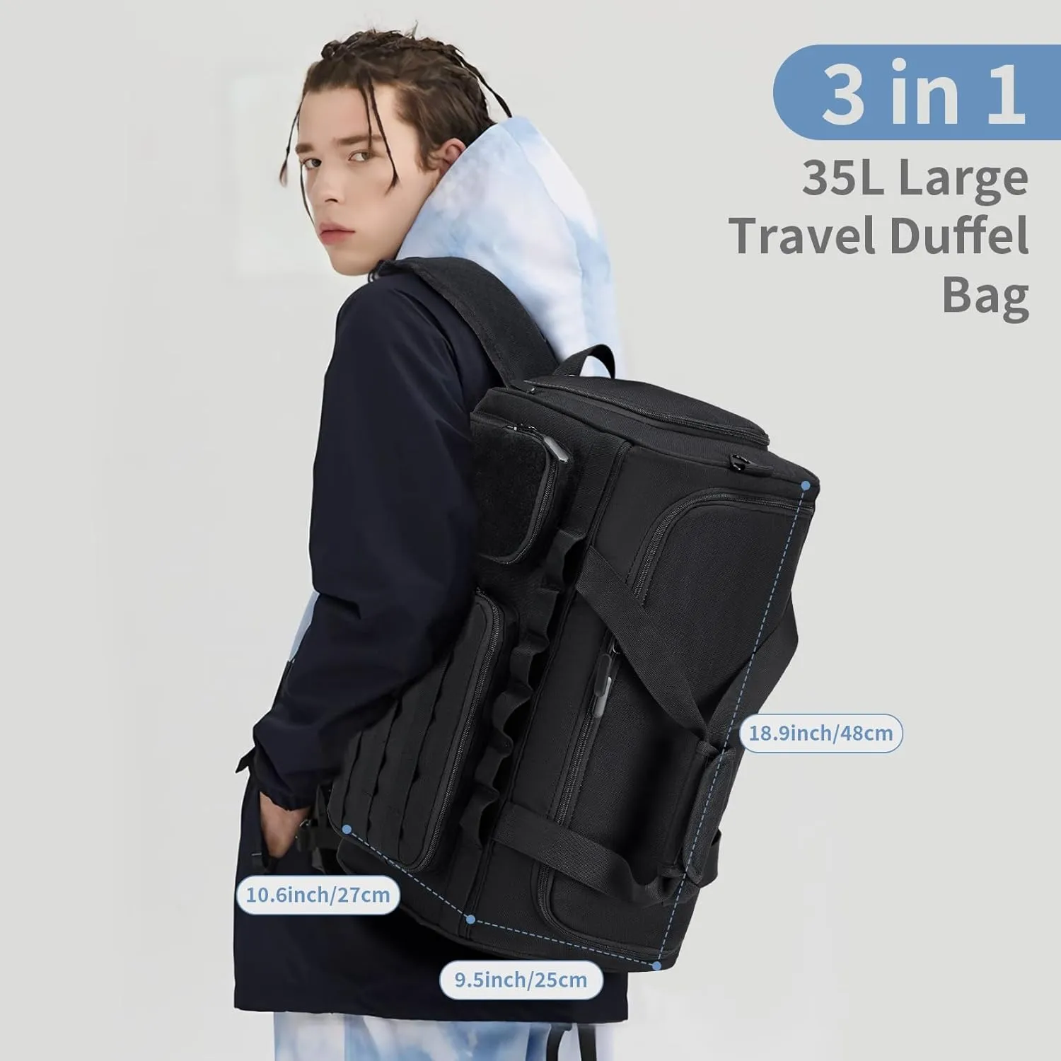 Gym Bags for Men, Tactical Duffle Bag Sports Travel Bag Gym Weekender Overnight Backpack with Shoe Compartment and Wet Pocket, 3 In 1 Tactical Military Backpack Black