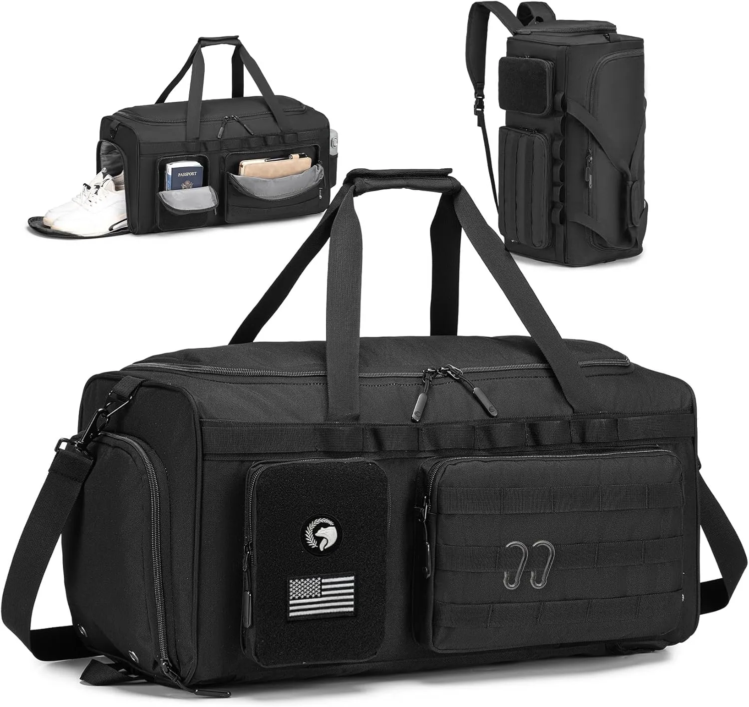 Gym Bags for Men, Tactical Duffle Bag Sports Travel Bag Gym Weekender Overnight Backpack with Shoe Compartment and Wet Pocket, 3 In 1 Tactical Military Backpack Black