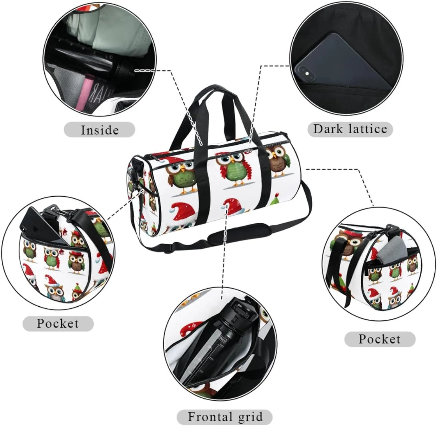 Gym Bags for Men,Travel Duffel Bags for Women,Cartoon Christmas Themed Owls,Workout Bag