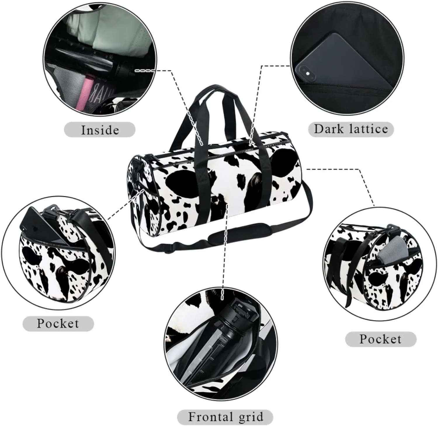 Gym Bags for Men,Travel Duffel Bags for Women,Cow Print White Black,Workout Bag