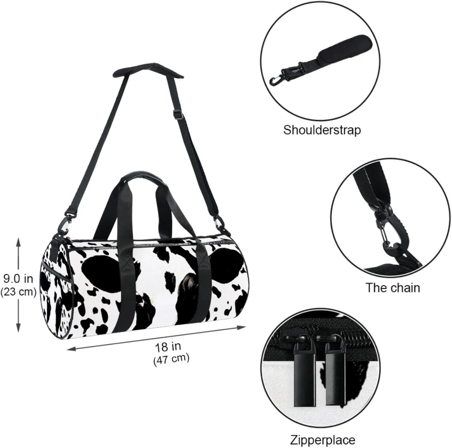 Gym Bags for Men,Travel Duffel Bags for Women,Cow Print White Black,Workout Bag