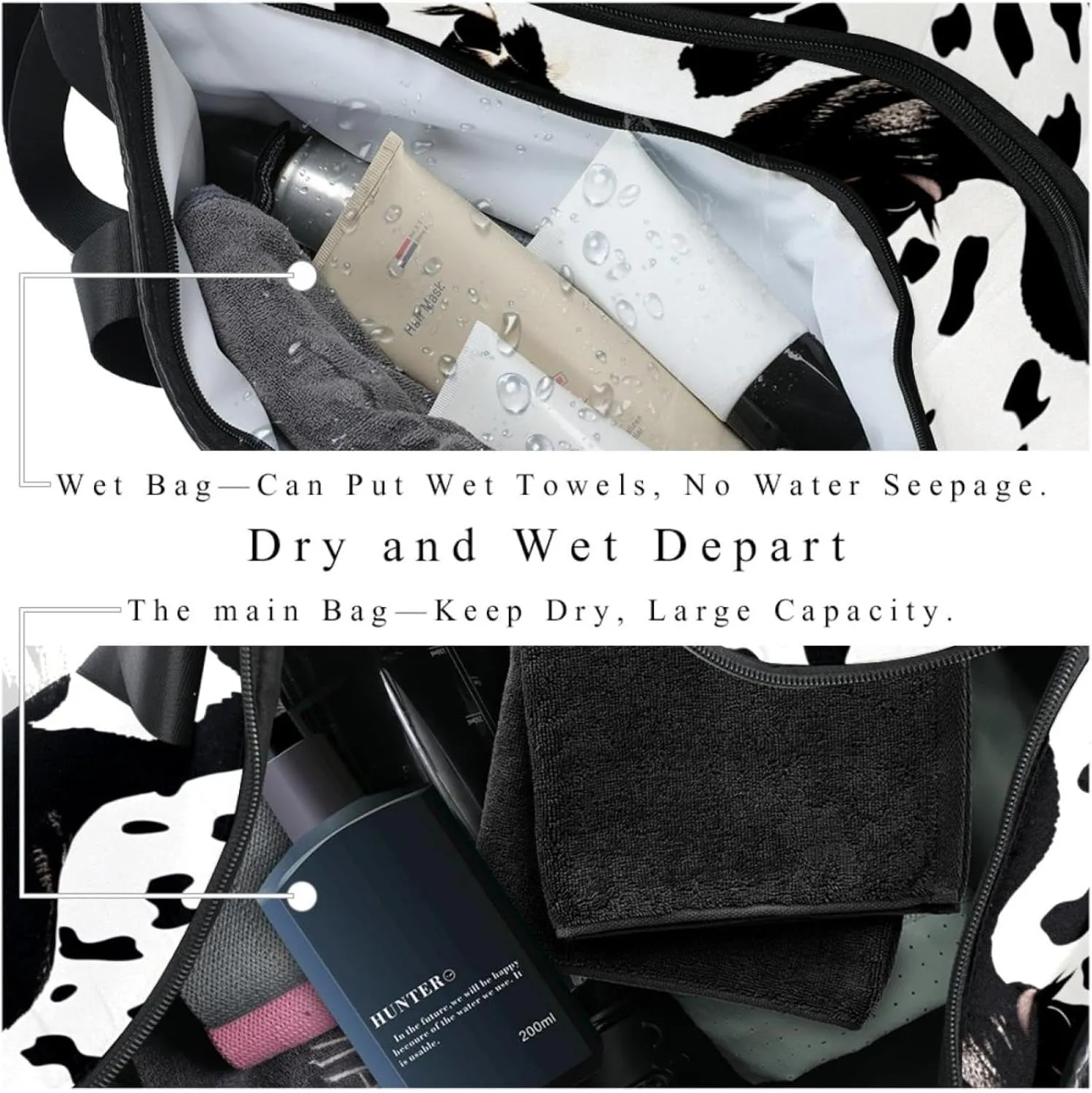 Gym Bags for Men,Travel Duffel Bags for Women,Cow Print White Black,Workout Bag