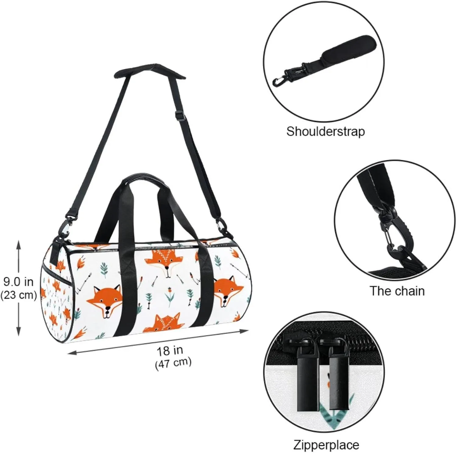 Gym Bags for Men,Travel Duffel Bags for Women,Vector Pattern with Foxes and Arrows,Workout Bag
