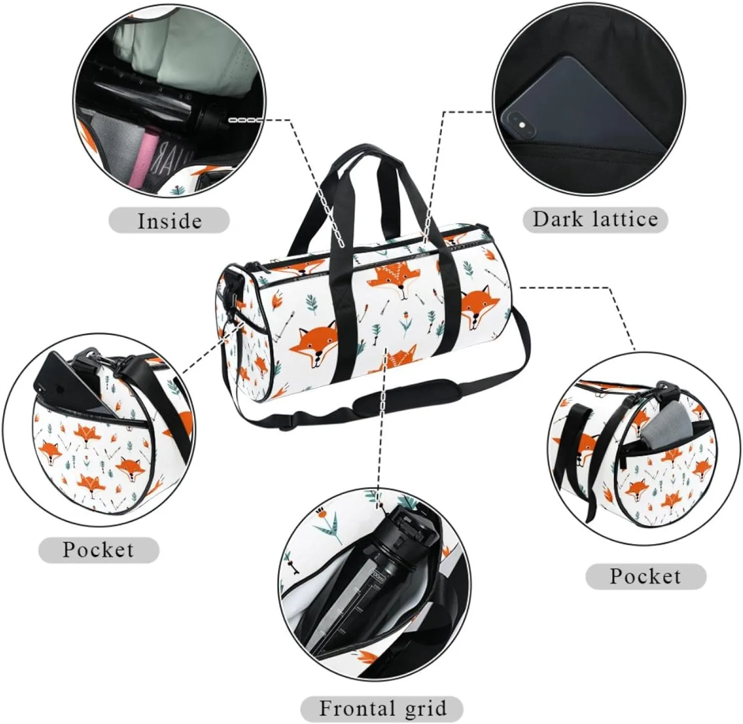Gym Bags for Men,Travel Duffel Bags for Women,Vector Pattern with Foxes and Arrows,Workout Bag