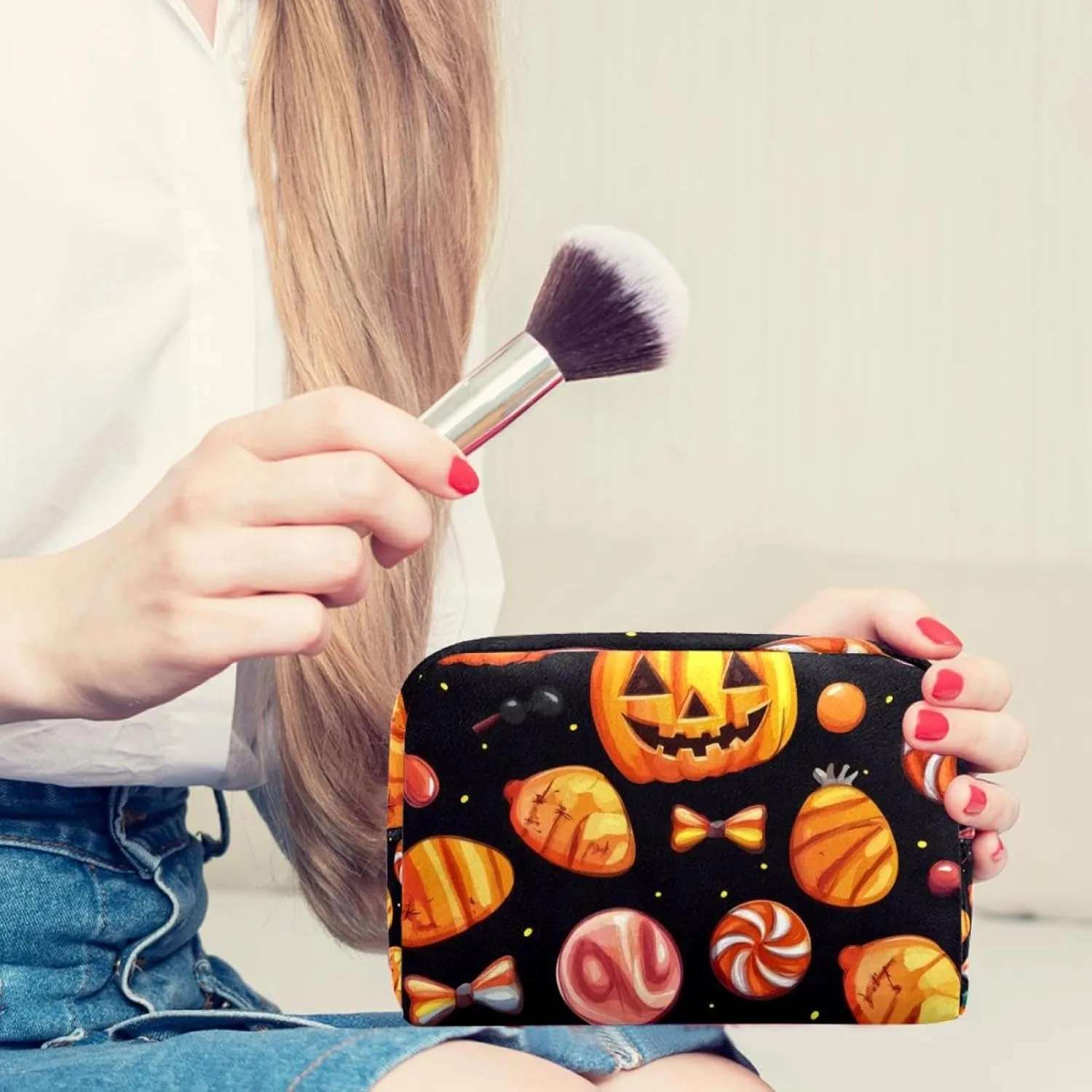 Halloween Pattern with Candy Elements Small Makeup Bag for Purse, Portable Cosmetic Bag Zipper Makeup Pouch for Women, Stationery, Toiletries, Travel Accessories