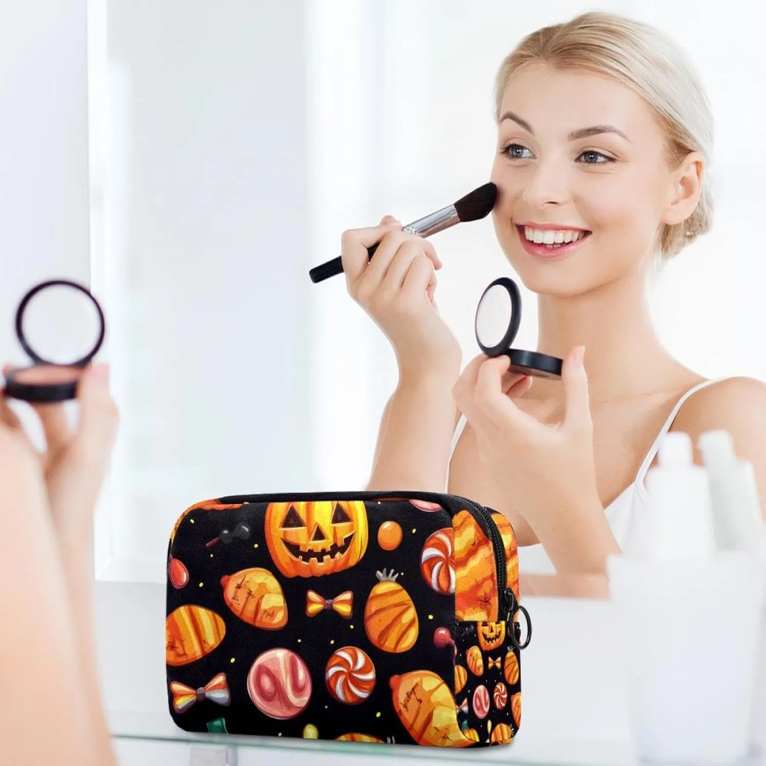 Halloween Pattern with Candy Elements Small Makeup Bag for Purse, Portable Cosmetic Bag Zipper Makeup Pouch for Women, Stationery, Toiletries, Travel Accessories