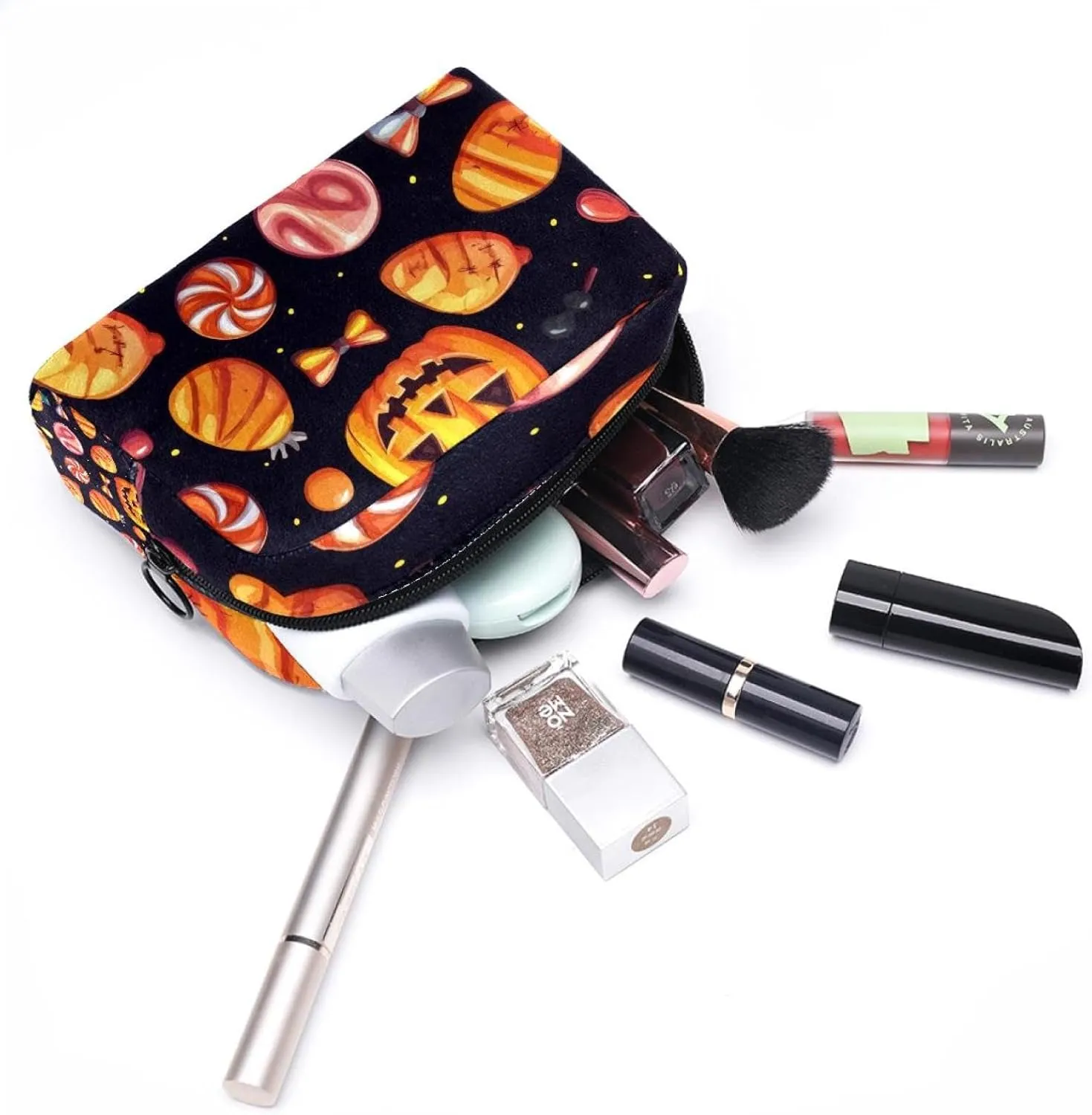 Halloween Pattern with Candy Elements Small Makeup Bag for Purse, Portable Cosmetic Bag Zipper Makeup Pouch for Women, Stationery, Toiletries, Travel Accessories