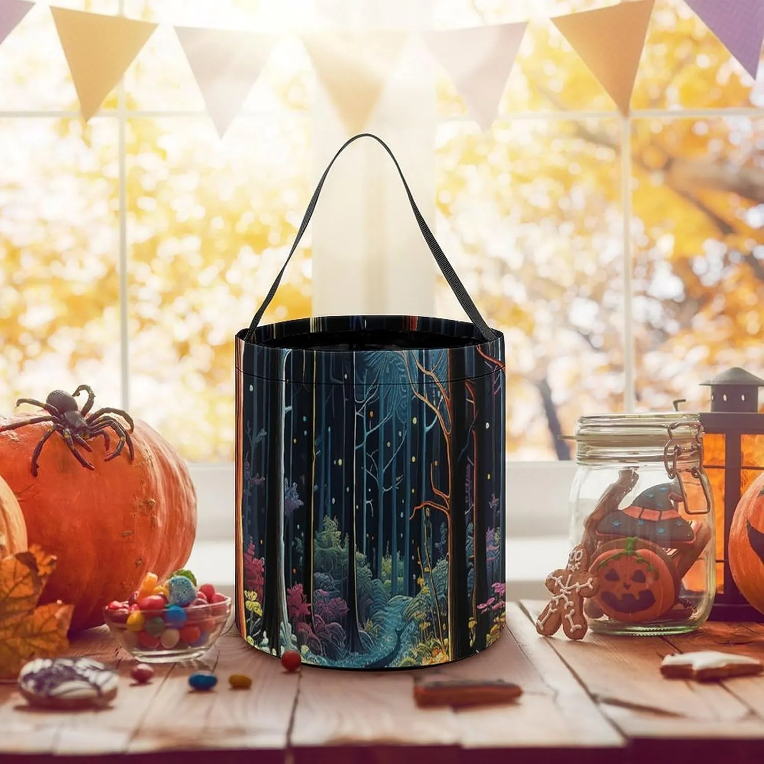 Halloween Trick Or Treat Bags Halloween Tote Bag Blue And White Flowers Gift Bags Halloween Candy Buckets
