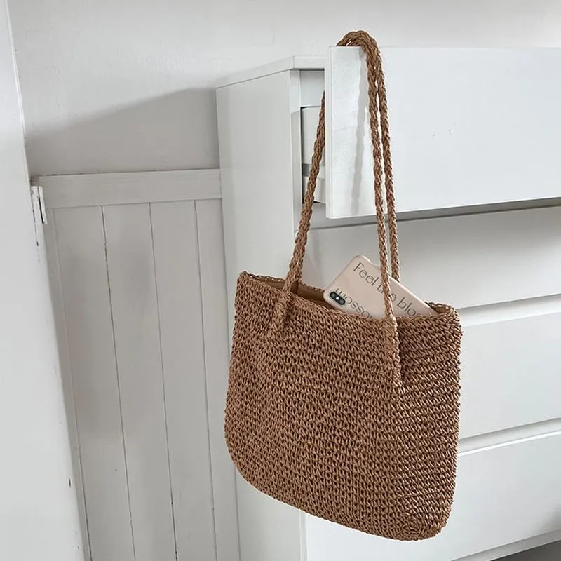 Handmade Purse Straw Shoulder Bag for Women Summer Chic Woven Tote Handbag Beach Shoulder Purse with Handles Brown