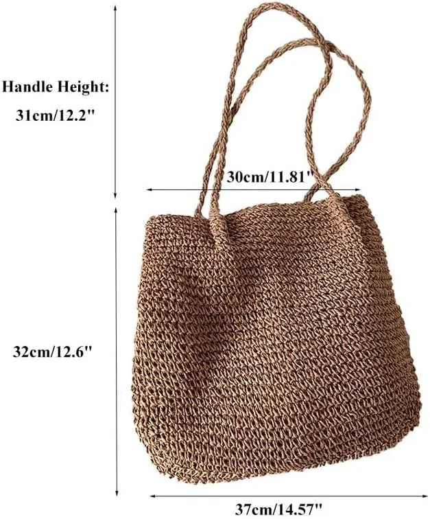 Handmade Purse Straw Shoulder Bag for Women Summer Chic Woven Tote Handbag Beach Shoulder Purse with Handles Brown